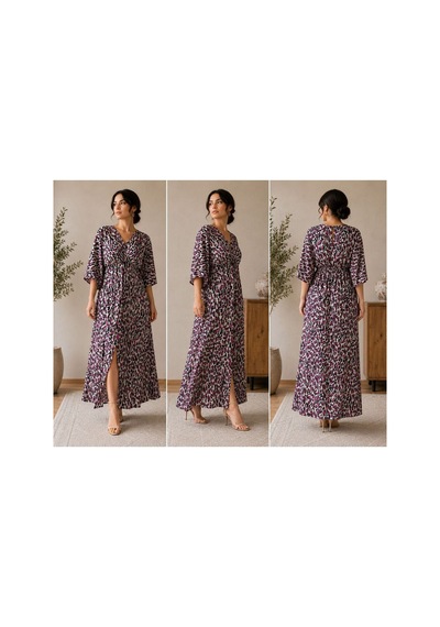 Moda Banuş Yazlık Yırtmaçlı Yumuşak Kumaş Uzun Elbise Mor
