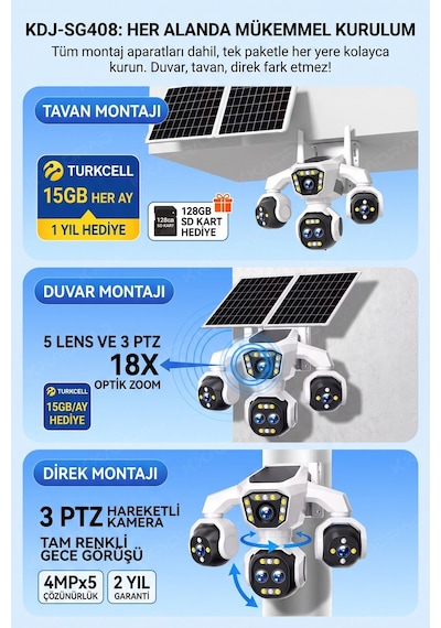 5 Kameralı 4g/e-sım Destekli 18x Zoom Ptz Güneş Enerjili Profesyonel Dış Mekân Güvenlik Kamerası