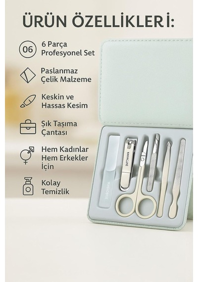Çantalı 6 Parça Çelik Manikür Tırnak Makası Kulak Temizleme Seti Cin811ys