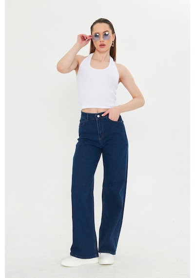 Kutaf Koyu Lacivert Yüksek Bel Geniş Paça Bol,salaş Palazzo Jeans Lacivert