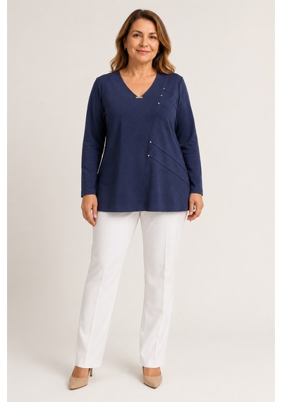 Bihan Store Kadınv Yaka Uzun Kol Penye Bluz Kesik Model Y26-610 Lacivert