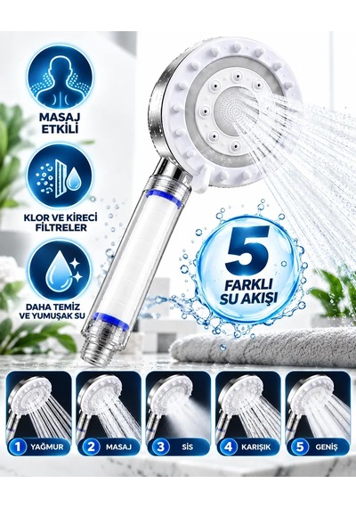 Beyaz Filtreli Duş Başlığı 5 Farklı Su Akışı Masaj Etkili Klor Ve Kireç Filtreleme Diğer