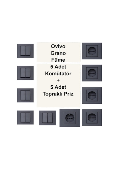 Ovivo Grano Füme 5 Adet Komütatör + 5 Adet Topraklı Priz