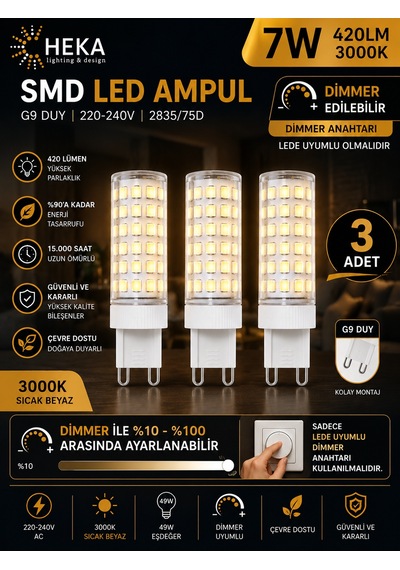 3 Adet Heka 7w Günışığı 3000k G9 Duylu Dim Edilebilir Led Kapsül Ampul