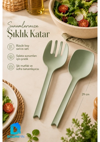 Salata Kaşık Çatal Seti 2 Li Büyük Boy 29 Cm Yeşil Plastik Servis Kaşığı Ve Çatalı