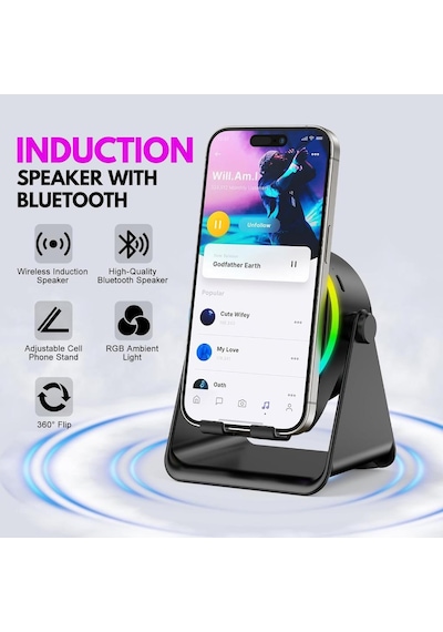 Alfalink Sns9101 Kablosuz İndüksiyon Hoparlör 5'i 1 Arada Bluetooth Hoparlör, Telefon Tutucu, Surround Ses Android/Apple Uyumlu iPhone Siyah Siyah