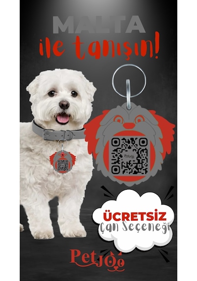 Petjoo 12.Malta Kırmızı-Gri Qr'lı Köpek Künyesi