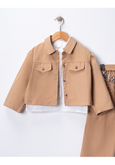 Harika Kids Kız Çocuk Gabardin Ceketli Takım Düğmeli Dokuma Gömlekli, Beli Lastikli Kemerli Pantolon 2-5 Yaş Camel