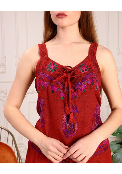 Bohem Stil Otantik Nakış İşlemeli Harem Şalvar Pantolon Buluz Takım-8816 Kiremit