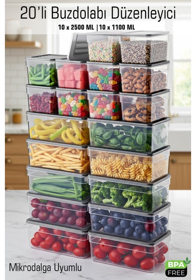 20 Li Derin Saklama Kabı Seti 10x2500 Ml 10x1100 Ml Bpa Sız Sızdırmaz Mikrodalga Uyumlu Antrasit Kapak