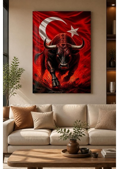 Türk Bayraklı Kızgın Boğa Baskılı Cam Tablo Uv Baskı Dekoratif Duvar Tablosu