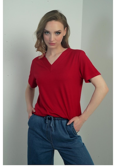 By Saygı Kadın V Yaka Yırtmaçlı Kısa Kol Bluz-40707 Bordo By Saygı Kadın V Yaka Yırtmaçlı Kısa Kol Bluz-40707 Bordo
