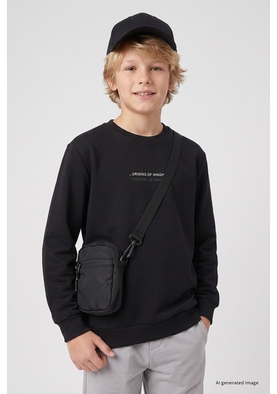 Siyah Standart Fit Baskılı O Yaka Erkek Çocuk Sweatshirt - 11322