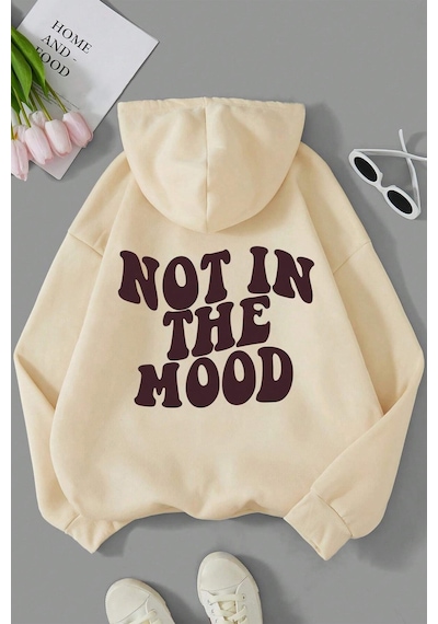 Havamda Değilim Baskılı Oversize Sweatshirt Bej