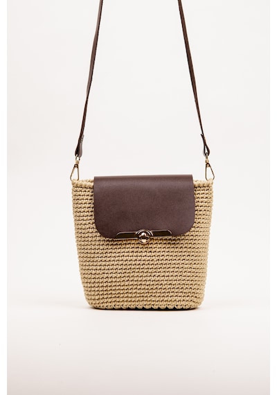 Fabric Craft Bag Omuz Çantası Floş İplik Suni Deri Kapaklı Astarlı 21x28 Cm Bej