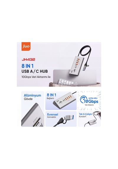 Juo Jh432 Type-c Ve Usb-a 8 Portlu 4 Usb-a 2 Type-c 10gbps Usb Hub Çoklayıcı Sd/microsd Kart Okuyucu Dönüştürücü Hub