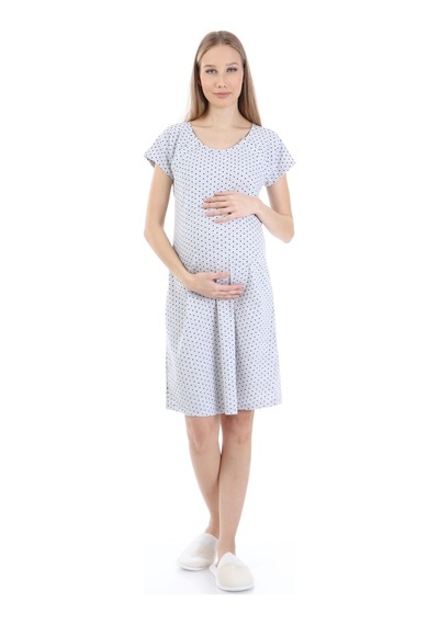 Luvmabelly Myra9582 Yandan Çıt Çıtlı Hamile Geceliği - Siyah Puantiyeli - Gri-gri