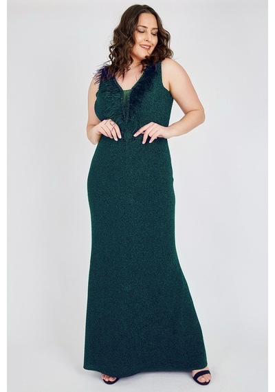 Ladies First Büyük Beden 3472 Zümrüt Uzun Abiye Elbise 001
