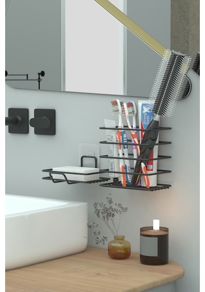 Zabata Yapışkanlı Metal Diş Fırçalık + Banyo Sabunluk 2li Set Siyah