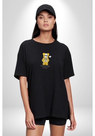 Mutlu Ol Siyah Oversize Unisex Ön Orta Minimal Baskılı Tişört Siyah
