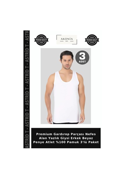 Astrid T Premium Gardırop Parçası Nefes Alan Yazlık Giysi Erkek Beyaz Penye Atlet %100 Pamuk 3'lü Paket