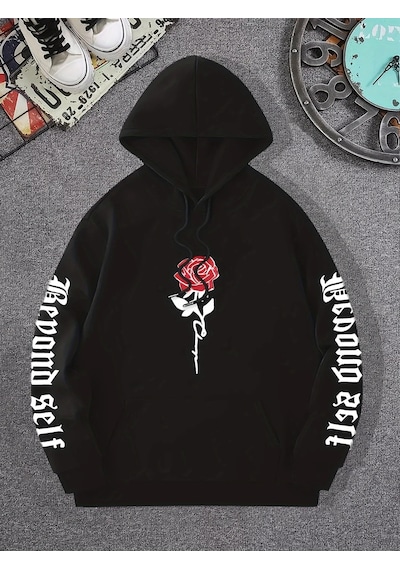 Startmore Tarzsokak Gül Sanatsal Mektup Baskılı Kapüşonlular Rahat Sokak Kadın Tişörtü Rahat Polar Kazak Crewneck Siyah