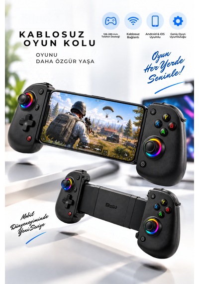 Kablosuz Mobil Oyun Kolu Rgb Joystick Android İos Uyumlu Telefon Tutuculu Mobil Gamepad