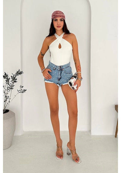 Taş Detaylı Denim Şort Mavi