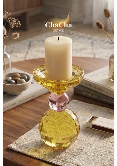 Chacha Home Crsyball Renkli Kristal Mumluk - Dekoratif Cam Şamdan- Küçük Boy - 15x25 Cm Sarı