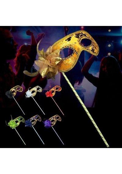 Lüks Taşlı Saplı Maskeli Balo Maskesi Kırmızı Renk 35 Cm Yetişkin