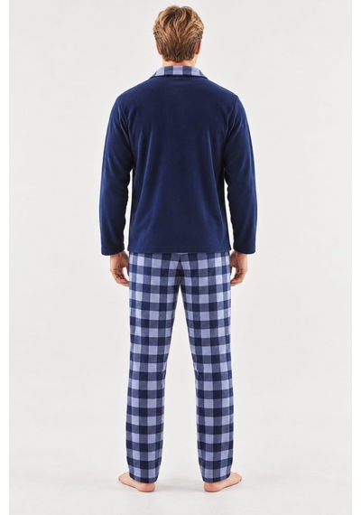 Pemilo Erkek 6400-3 Mikrosoft Kışlık Önü Düğmeli Pijama Takımı Lacivert