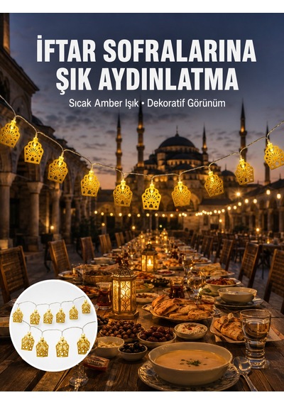 Cami Figürlü Pilli Dekoratif Ramazan Led Zincir Aydınlatma Sıcak Sarı