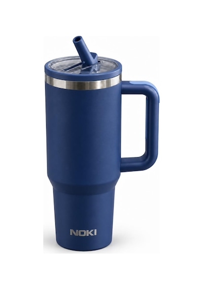 Nokı T-0137 1200 Ml Paslanmaz Çelik Tumbler Termos Bardak, Pipetli Yedek Kapaklı, Saplı Mavi