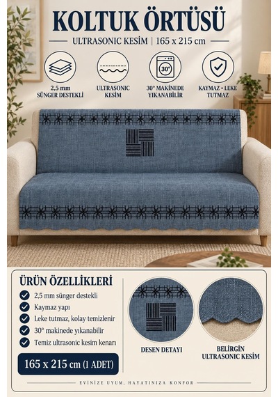 Çok Amaçlı Kadife Koltuk Örtüsü Kaymaz Süngerli 165x215 Cm Modern Bohem Çekyat Şalı Piknik Masa Örtüsü Alk3 lacivert