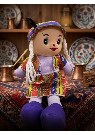 Yöresel Oyun Arkadaşım Büyük 45cm Yöresel Elbiseli Ve Şapkalı El Yapımı Oyuncak Bez Bebek Mor