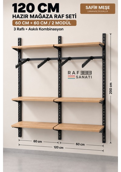 120 Cm Duvar Raf Askılık Sistemi 6 Raflı 2 Modül 200 Cm Konik Dikme Hazır Set Safir Meşe