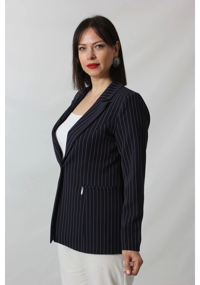 Moda Berray 1906 Lacivert Çizgili Fermuarlı Cep Aksesuarlı Kadın Büyük Beden Blazer Ceket Lacivert