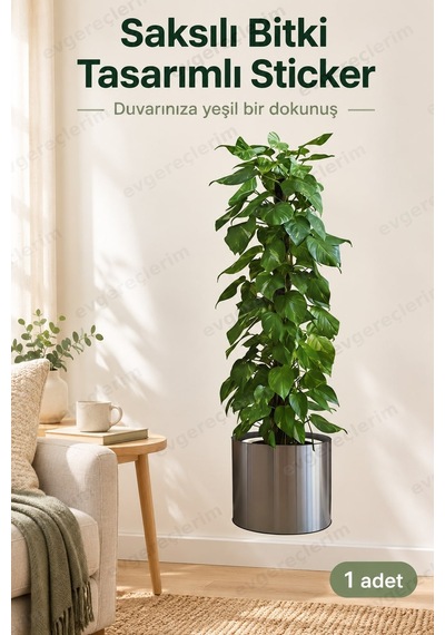 Saksılı Bitki Desenli Yapışkanlı Duvar Dekoru Stickerı 90x30 Cm Yeşil