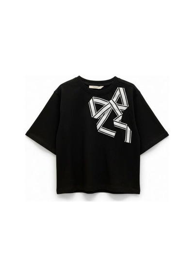 Zekids Kız Çocuk Fiyonk Desenli Yarım Kollu Tasarım T-shirt-16533 Siyah