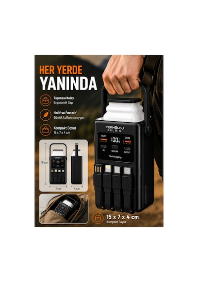30.000 Mah Powerbank 22.5w Hızlı Şarj Lcd Ekran 4 Çıkış 4 Kablo Kamp Işıklı Taşınabilir Batarya Siyah
