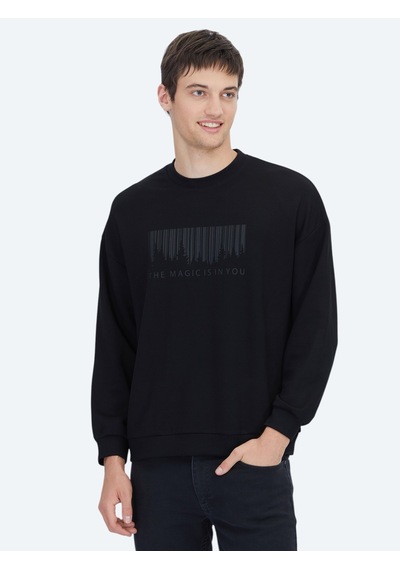 Kip Siyah Bisiklet Yaka Baskılı Sweatshirt Siyah -