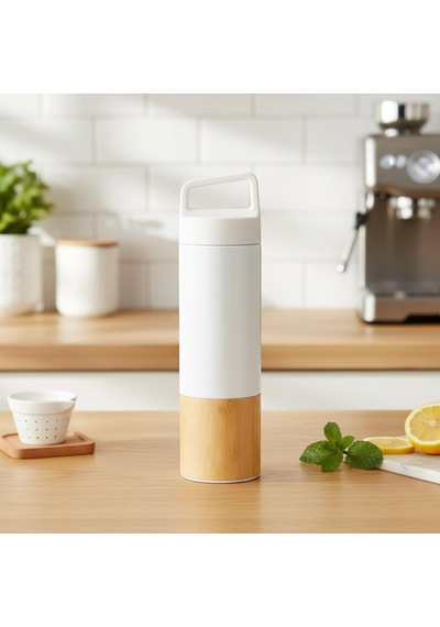 600 Ml Bambu Tabanlı Kulplu Çelik Termos Mug - 5 Renk Seçenekli Sıcak/soğuk Tutucu Seyahat Bardağı Beyaz Çok Renkli