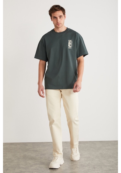 Grimelange Antonıo Erkek Baskı Detaylı %100 Organik Pamuk Örme Oversize Yeşil T-shirt
