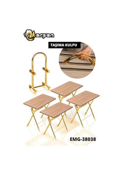 Eranş Serisi 4'lü Katlanır Mdf Mebran Ahşap Çanta Zigon Sehpa Gold Ayak Açık Atlantik Çam Desen Gold Ayak