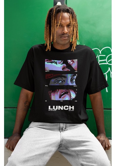 Sevbano Billie Eilish Lunch Baskılı Unisex Oversize Şarkıcı Tişört Siyah