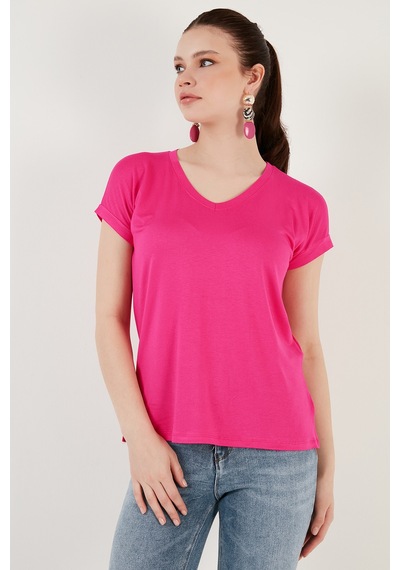Lela V Yaka Relaxed Fit Yırtmaç Detaylı 2'Li Paket Bayan Bluz 5862000S2 Siyah-Fuşya