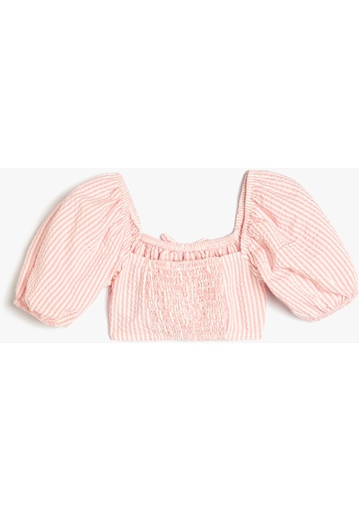 Koton Crop Bluz Balon Kollu Büzgü Detaylı Pınk Strıpe 4skg60161aw Pembe