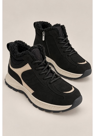 Muggo Nortex Kürklü Fermuarlı Kalın Taban Bağcıklı Kışlık Kadın Sneaker Bot Siyah
