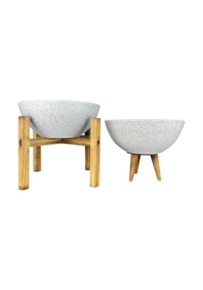 Beyaz Granit 3-4 Ayaklı İkili Set Toprak Saksı 20 Cm Çap