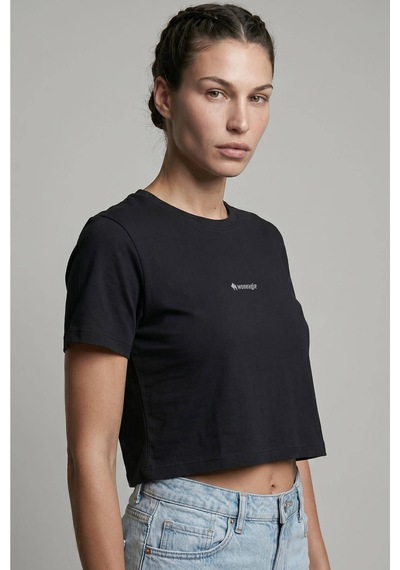 Woneagle Waneagle Kadın Siyah Bisiklet Yaka Logolu Sportif Crop Tişört Siyah Siyah
